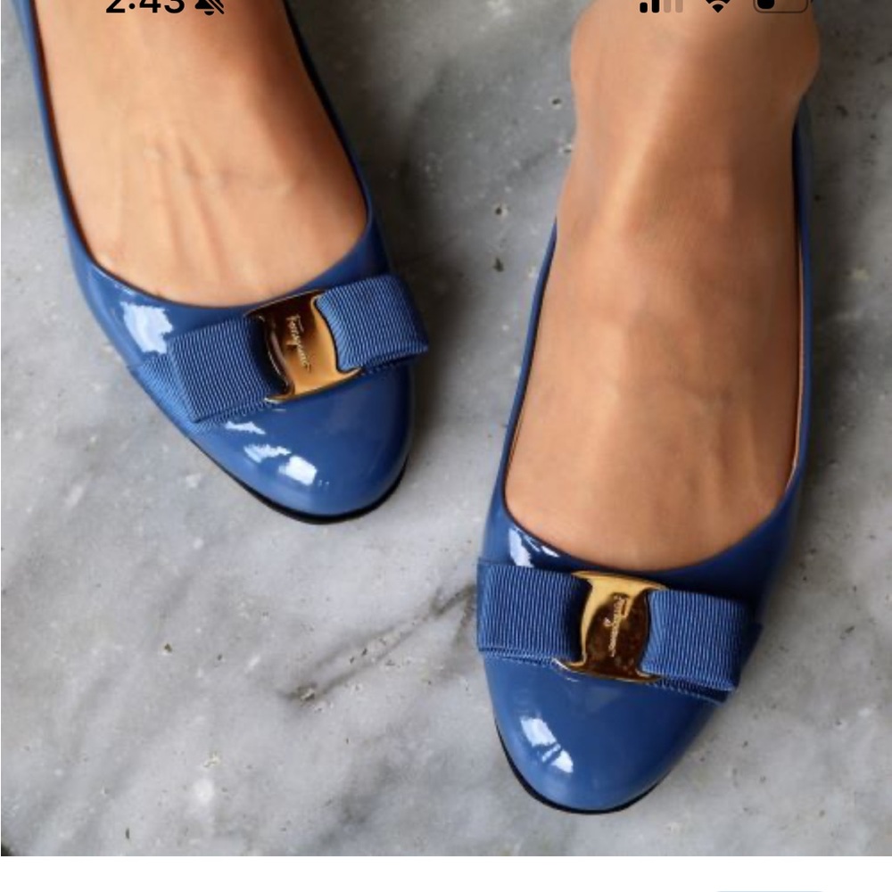 Salvatore Ferragamo Varina Blue Flats with Gold Accent